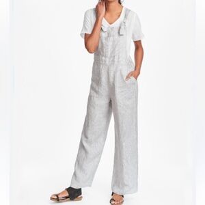 FLAX Linen Overalls Striped Jumpsuit Size Small Button Accent Cottagecore Casual